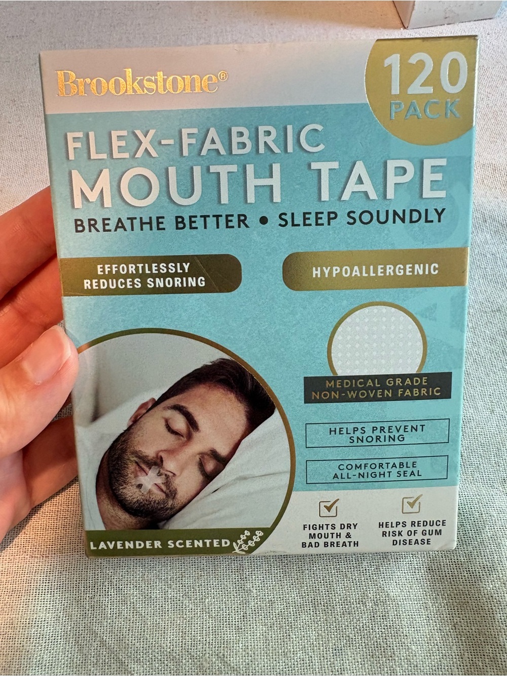 Brookstone Flex-Fabric Mouth Tape – Teal and Gold Packaging